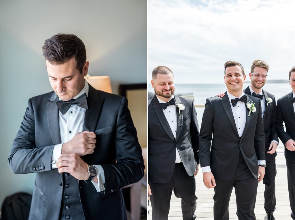 Groom and groomsmen in tuxedos getting ready 