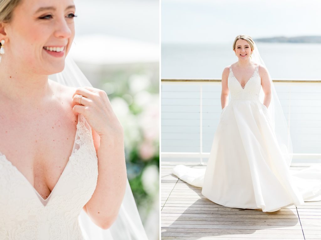 Bridal portrait with an A-line dress and ocean in the background