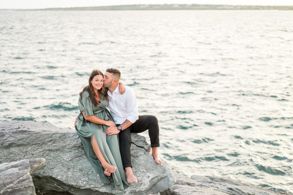 Newport, RI engagement photos along the rock coastline 