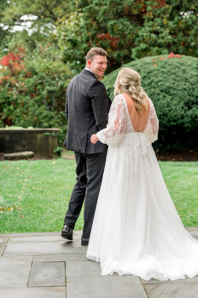 Bride and groom first look for wedding at Misselwood Events