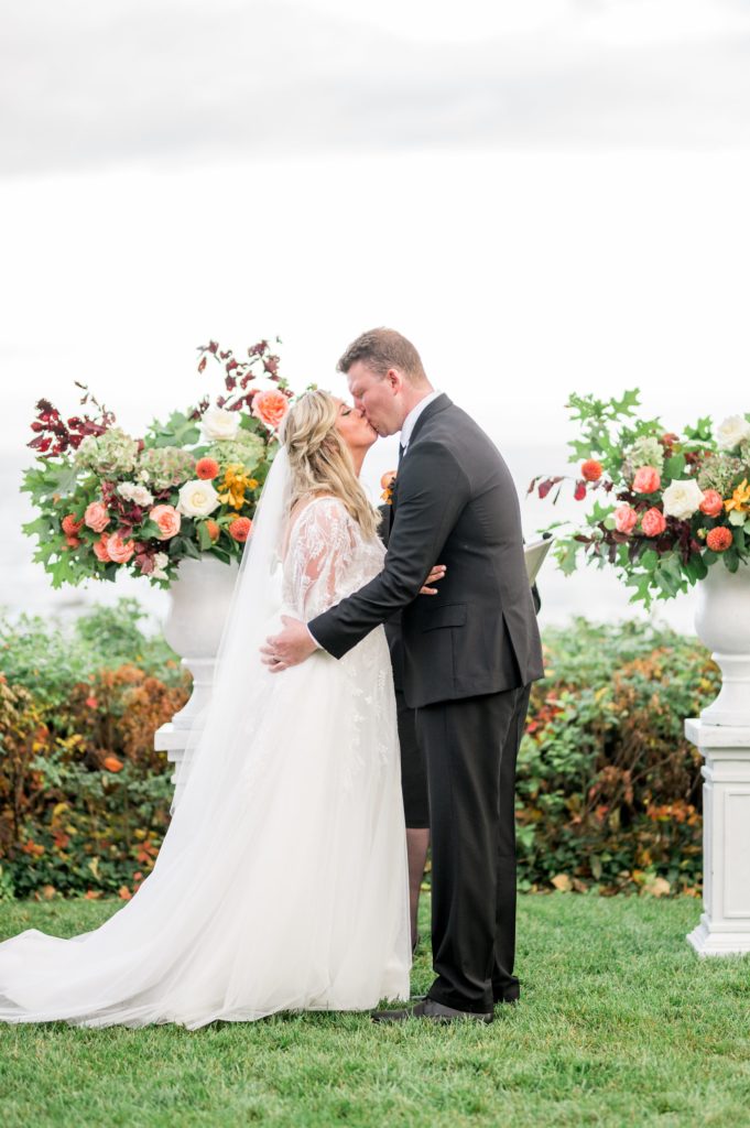 Bride and groom's first kiss as husband and wife 