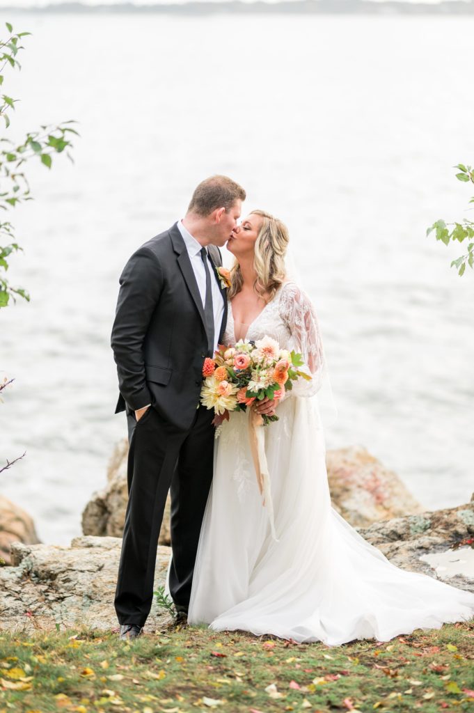 Bride and groom fall wedding day portraits at Misselwood Events at Endicott College 