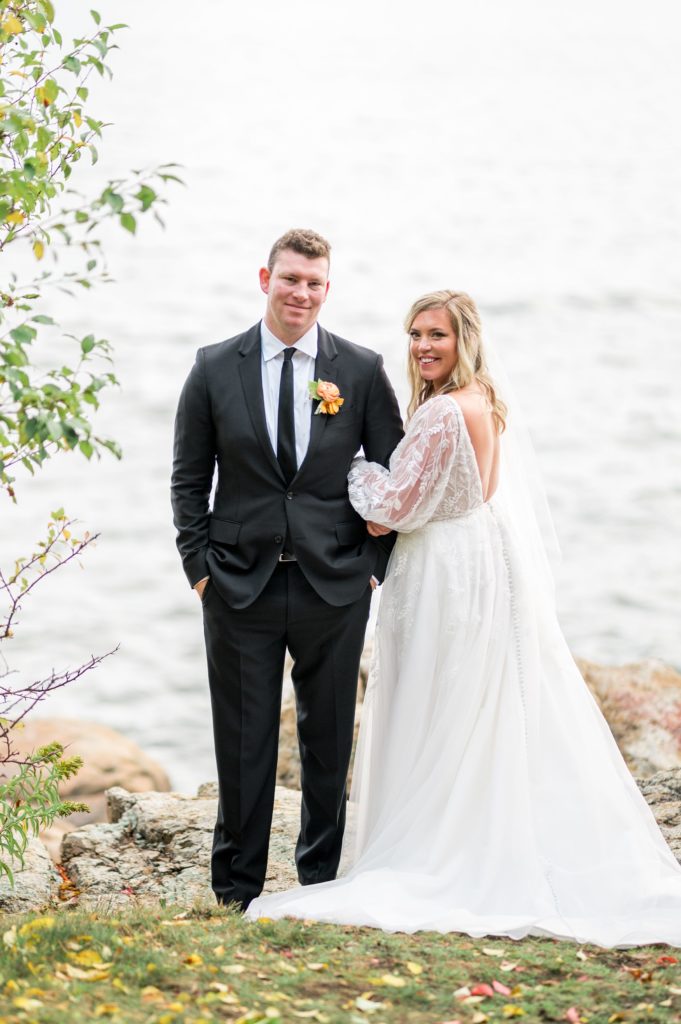 Bride and groom fall wedding day portraits at Misselwood Events at Endicott College 