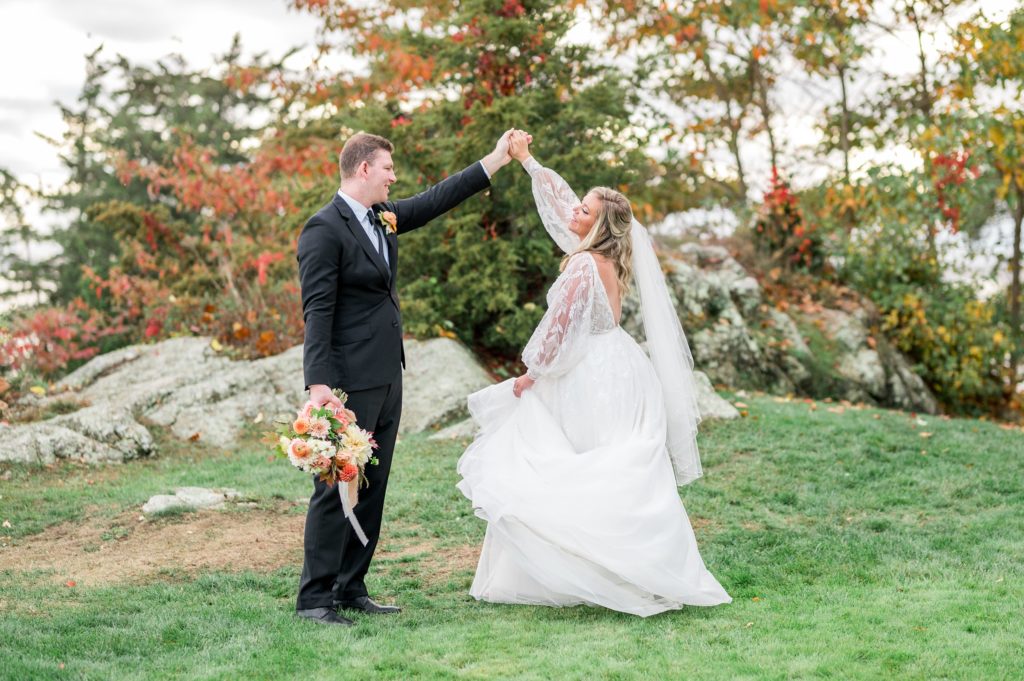 Bride and groom fall wedding day portraits at Misselwood Events at Endicott College 