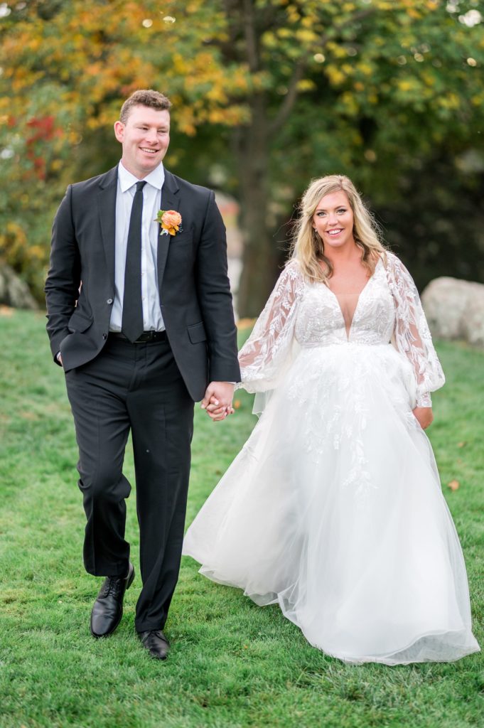 Bride and groom fall wedding day portraits at Misselwood Events at Endicott College 