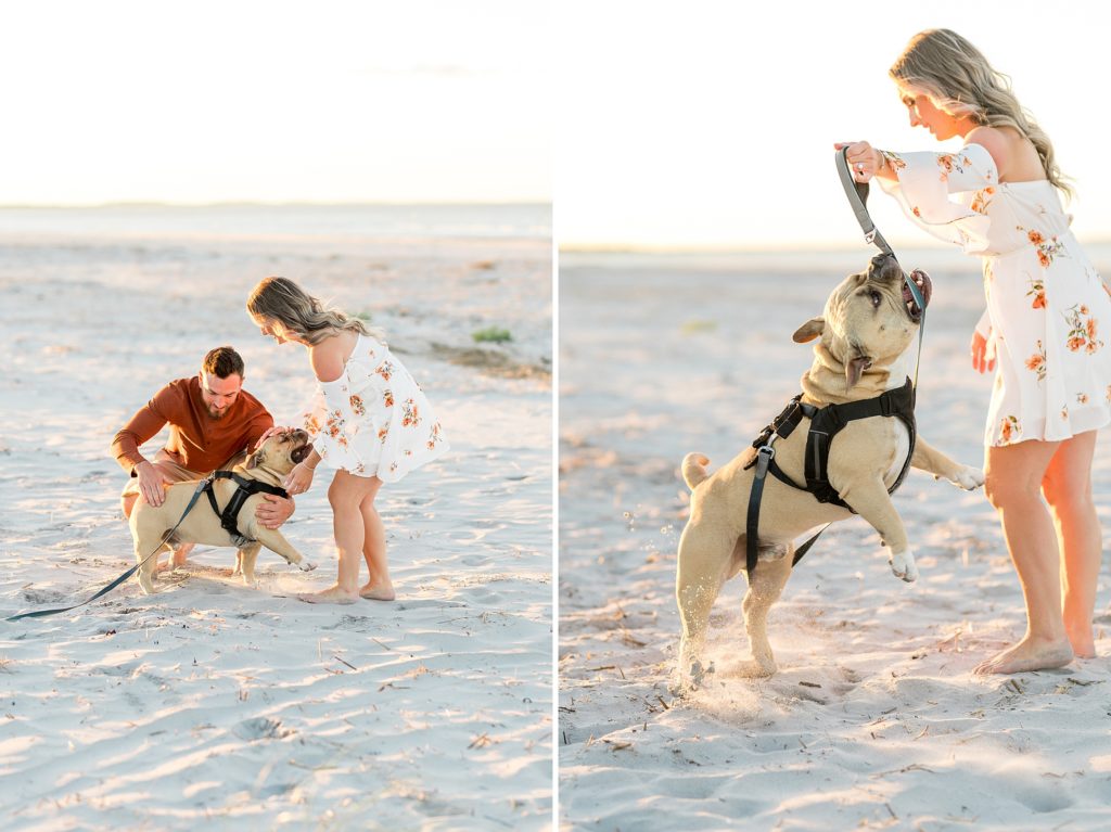 Engagement photos with their dog on the beach