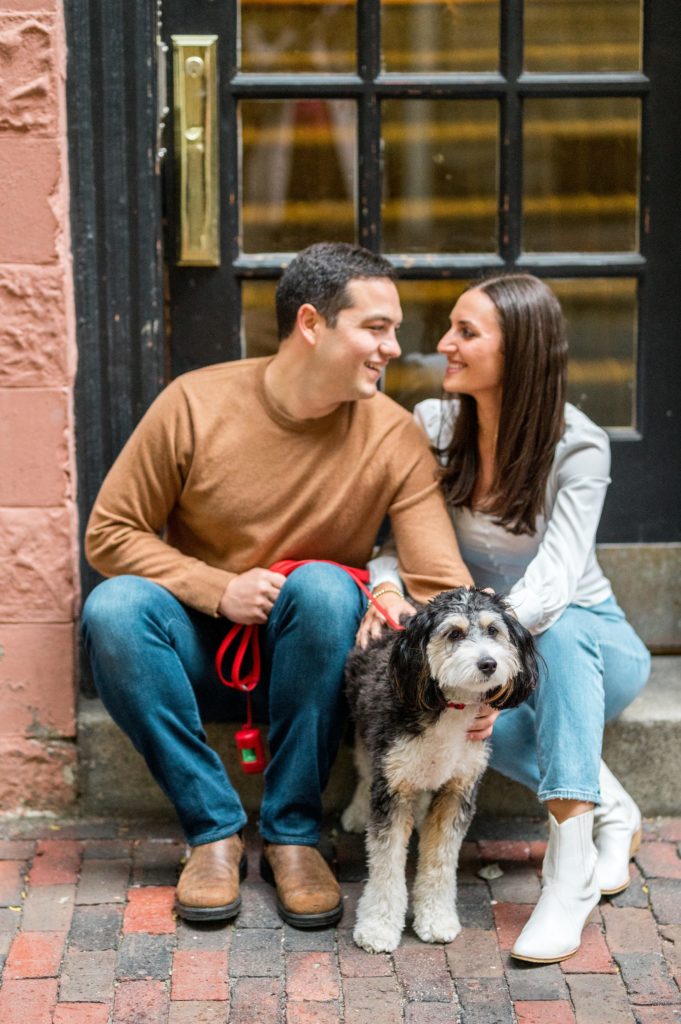 Engagement photos on Beacon Hill with goldendoodle 