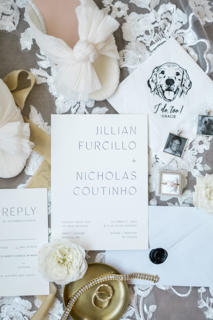 Invitation flat lay photography for Davio's Seaport Boston Fall Wedding