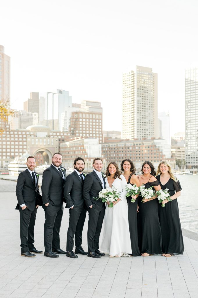 Wedding party portraits in Boston with black and white color scheme