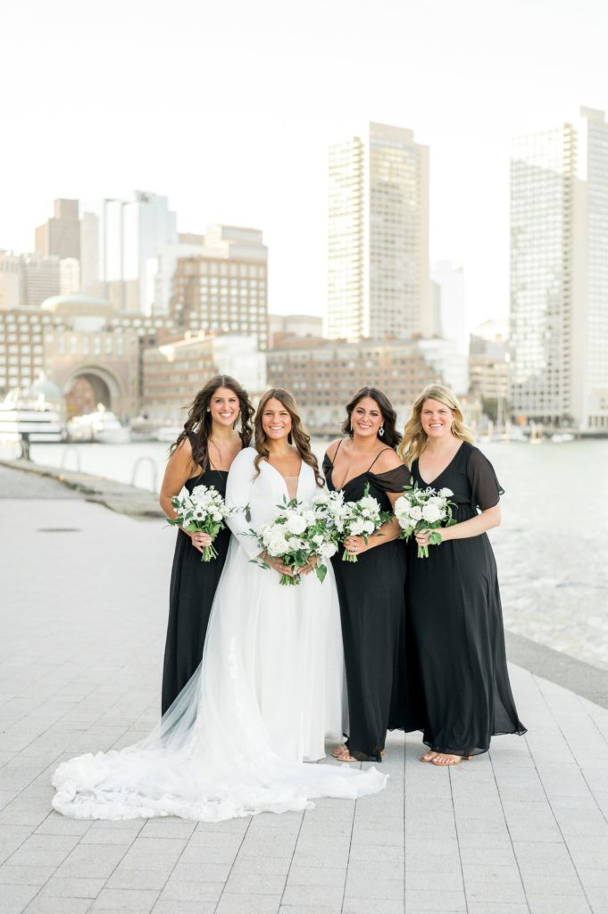 Bridesmaid in black dresses for Boston modern wedding