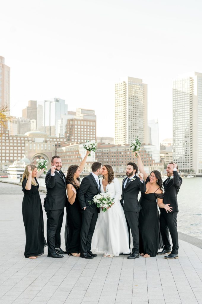 Bridal party portraits with black and white color scheme for Boston Seaport wedding