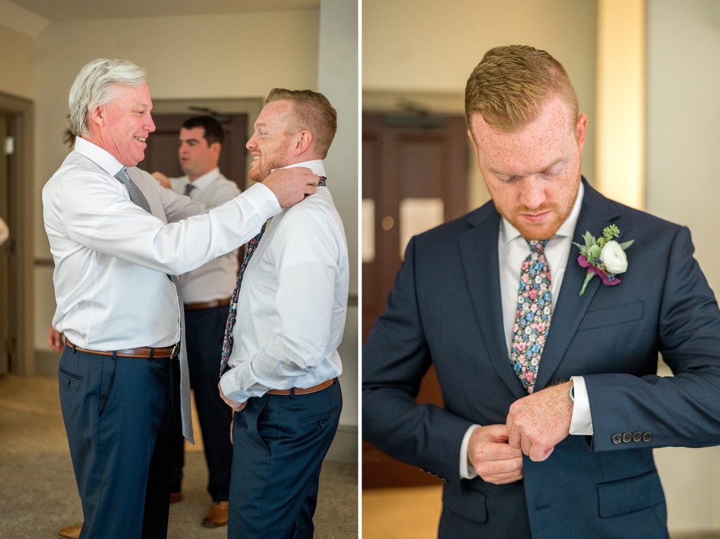 Groom getting ready with his dad for The Barn at Gibbet Hill Summer Wedding