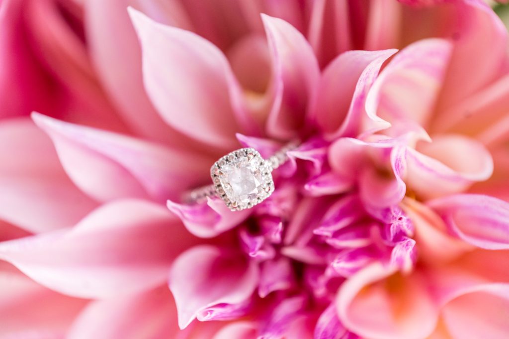 Engagement ring detail photography in pink flowers