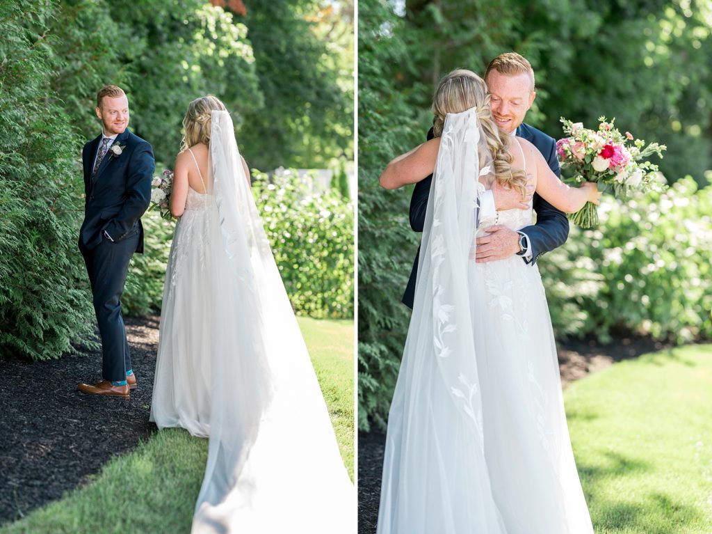 Bride and groom first look at the Groton Inn 