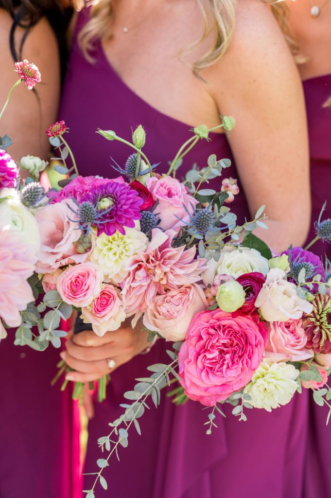 Bride and bridesmaid bouquets with pink color scheme for The Barn at Gibbet Hill Summer Wedding