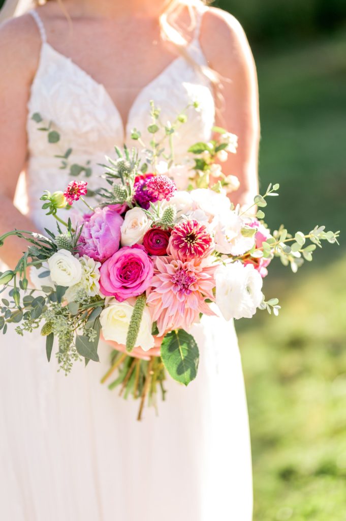 Bridal portrait with stunning pink bouquet for The Barn at Gibbet Hill Summer Wedding