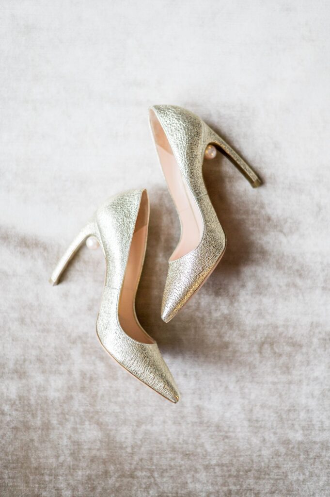 Gold bridal heel detail photography for old hollywood wedding