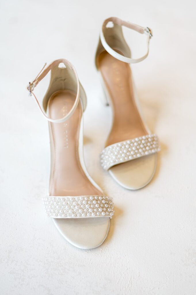 Bridal heels with pearl strap for coastal summer wedding