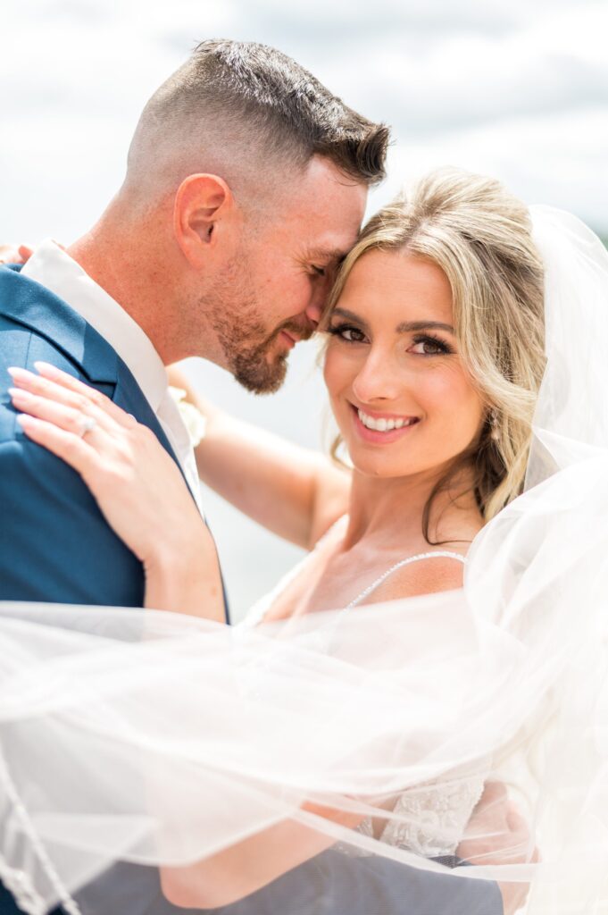 Bride and groom ocean view portrait for North Shore Wedding at the Beauport Hotel in Gloucester, MA