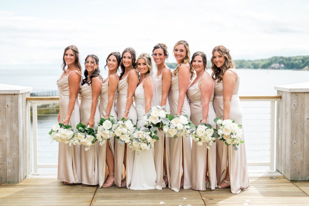 Bride and bridesmaid portrait with champagne silk dresses for North Shore wedding