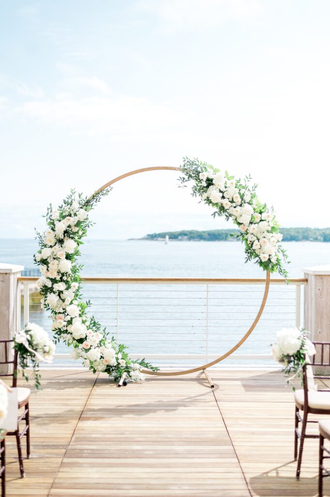Circle arbor with white flowers for Beauport wedding