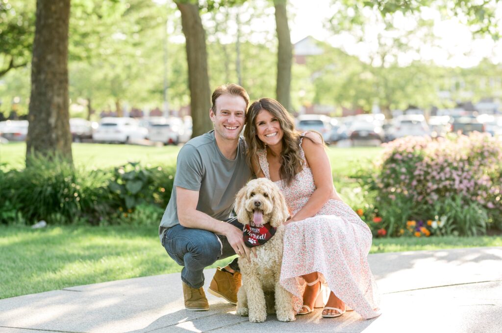 Downtown Newburyport couple engagement photos with their dog