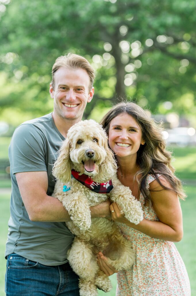 Downtown Newburyport couple engagement photos with their dog