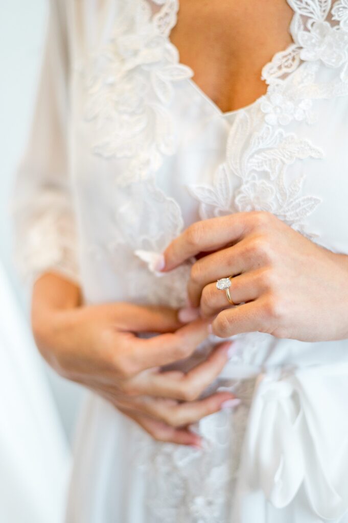 Bride engagement ring detail photography while getting ready for Cape Cod wedding