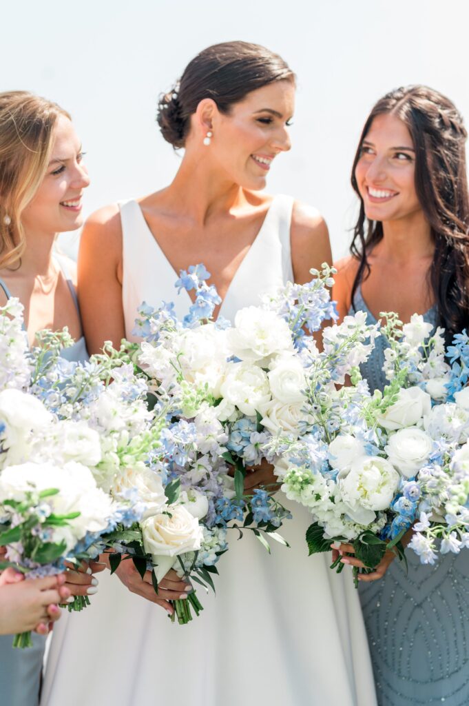 Coastal bouquets with baby blue and white flowers for Cape Cod wedding