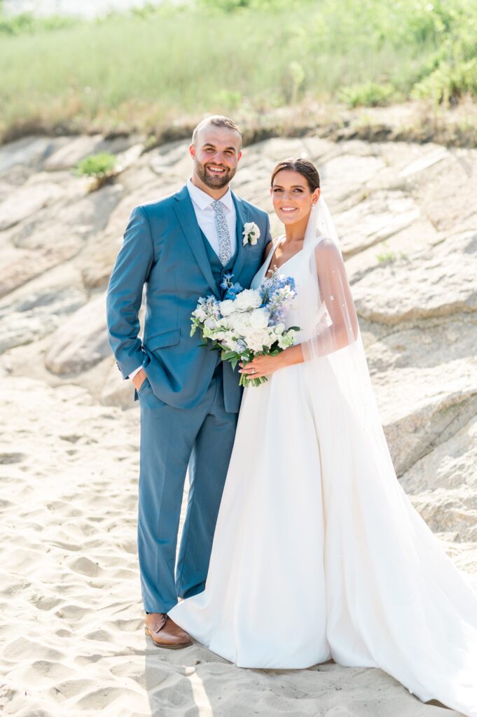 Bride and groom beach portrait at Pelham House Resort Cape Cod Summer Wedding