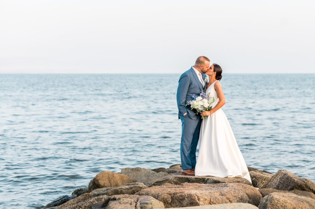 Bride and groom beach portrait at Pelham House Resort Cape Cod Summer Wedding