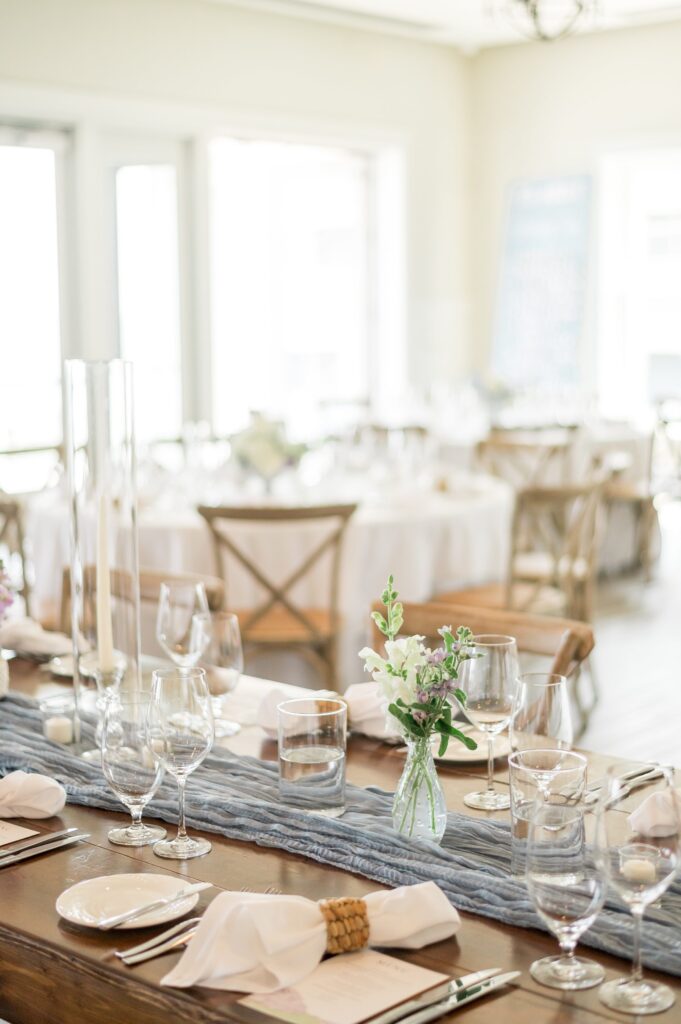 Farmhouse table setting for summer wedding reception at Pelham House Resort