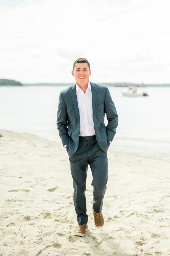 Groom portrait on the beach for Cape Cod tented wedding