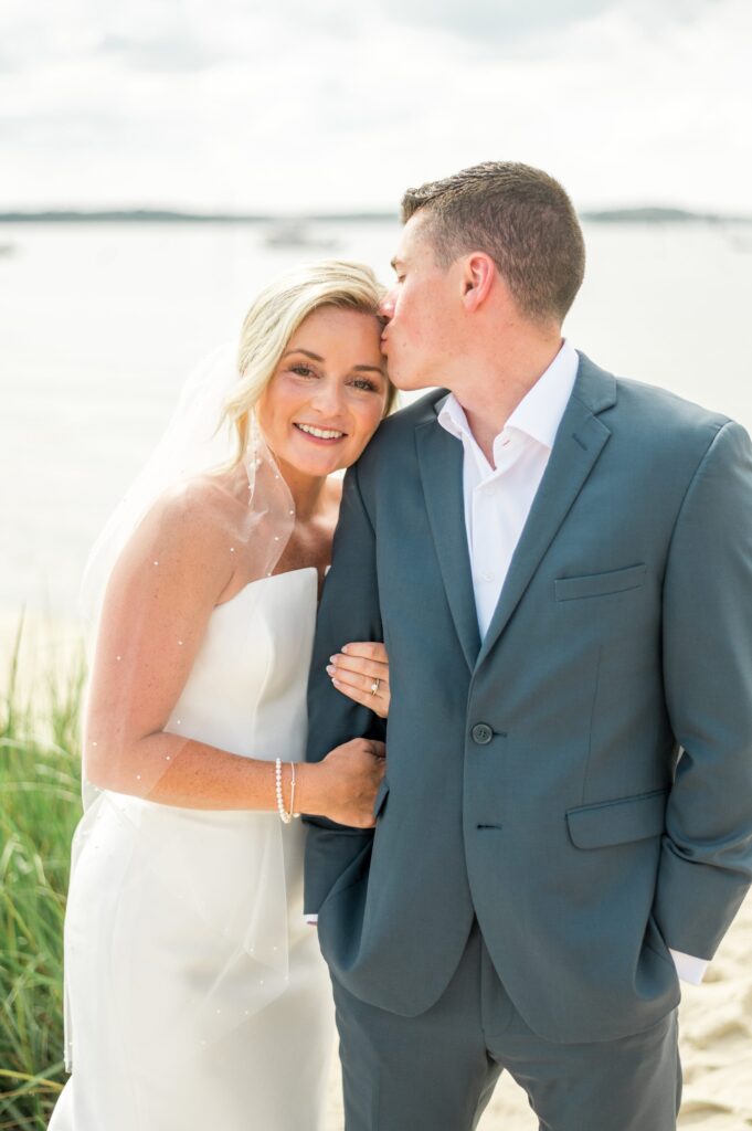 Bride and groom light and airy beach portraits for Cape Cod tented wedding 