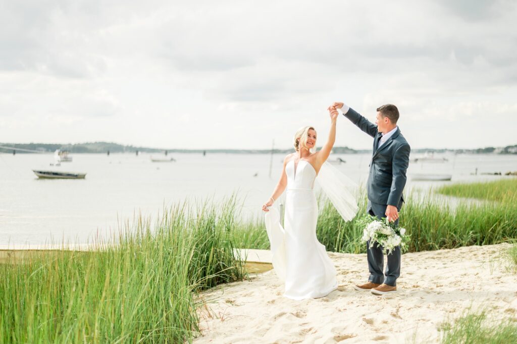 Bride and groom light and airy beach portraits for Cape Cod tented wedding 