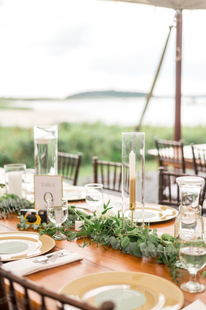 New England beach tented wedding tablescape 