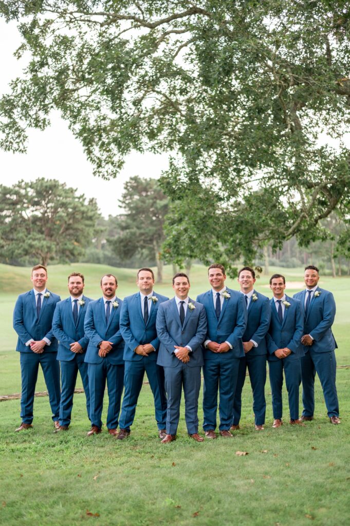Groom and groomsmen portrait all wearing navy blue for coastal Martha's Vineyard Wedding