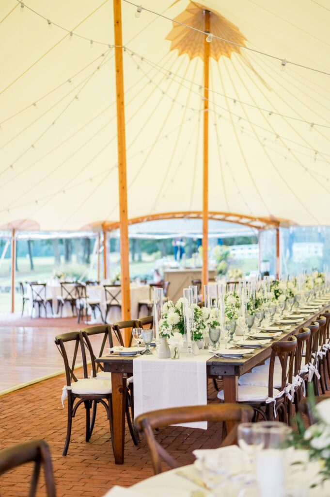 New England tented wedding reception decor at Farm Neck Golf Club Martha's Vineyard Wedding