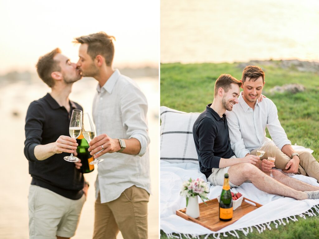 Couple drinking champagne during engagement photos at Chandler Hovey Park in Marblehead 