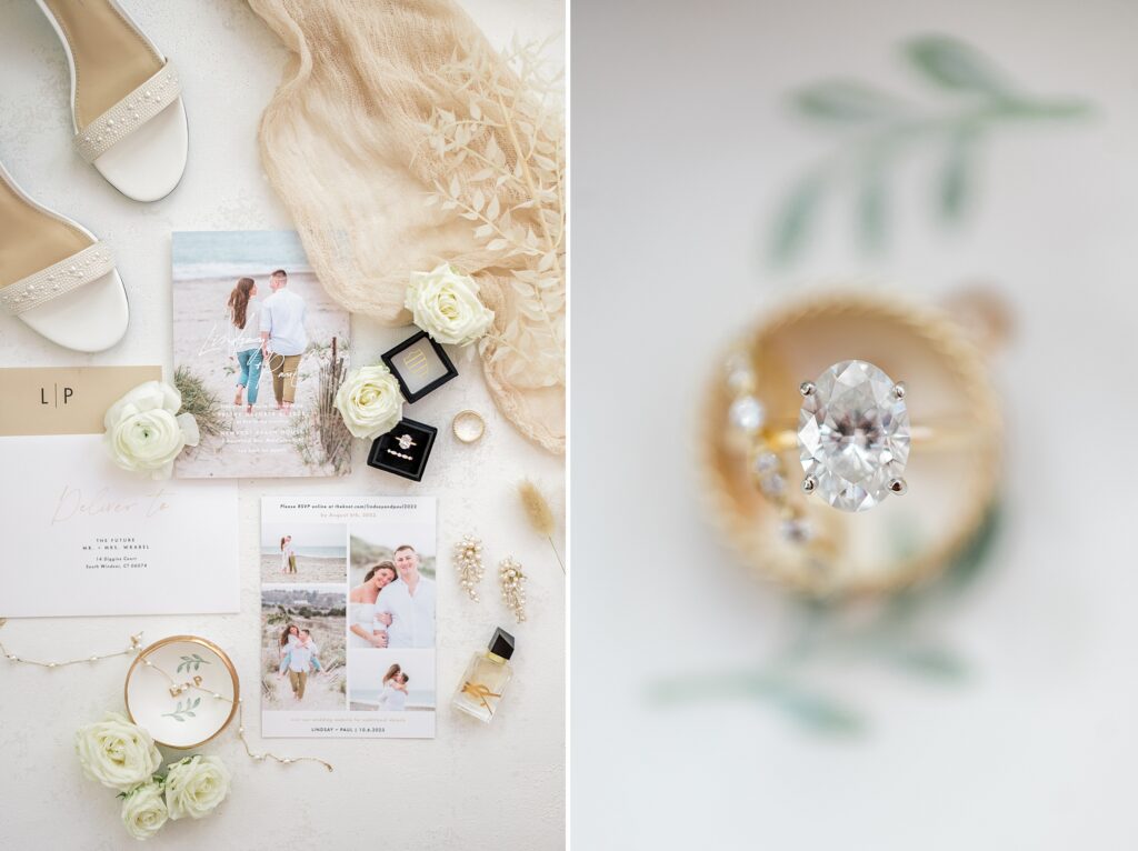 Wedding day flat lay photography details for beach wedding