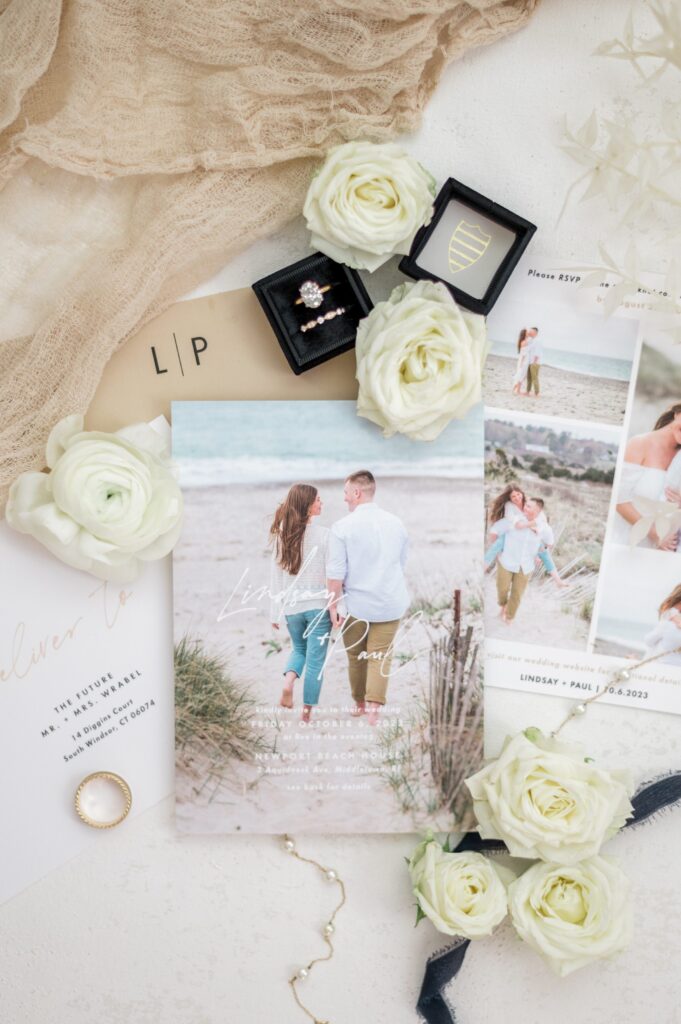 Wedding day flat lay photography details for beach wedding in Newport