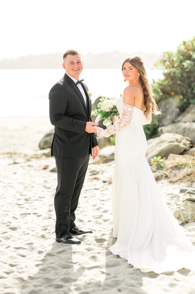Bride and groom first look on Newport beach 