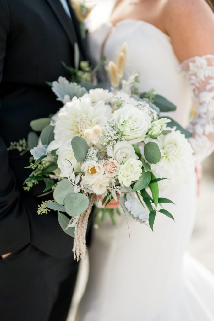 All-white bridal bouquet for coastal New England wedding