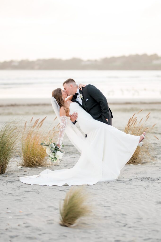Bride and groom beach portraits for Newport Beach House Wedding, a Longwood Venue