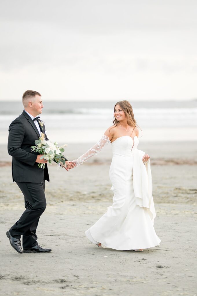 Bride and groom beach portraits for Newport Beach House Wedding, a Longwood Venue