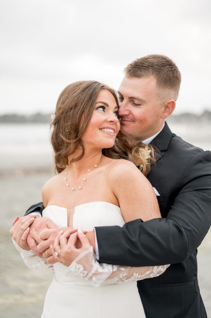 Bride and groom beach portraits for Newport Beach House Wedding, a Longwood Venue