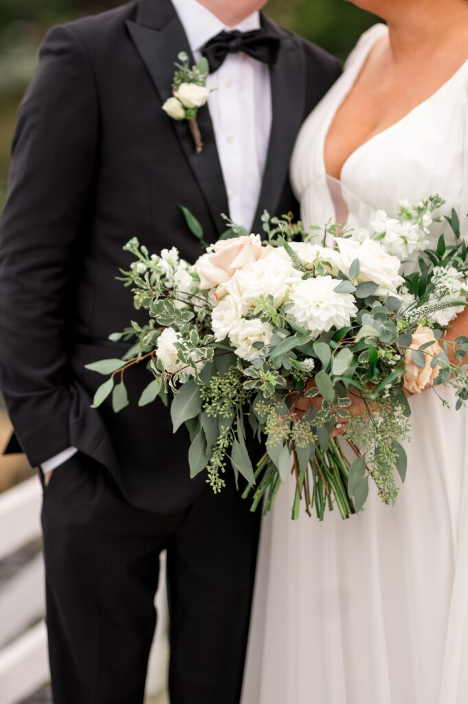 White bridal bouquet with organic greenery for Cape cod wedding