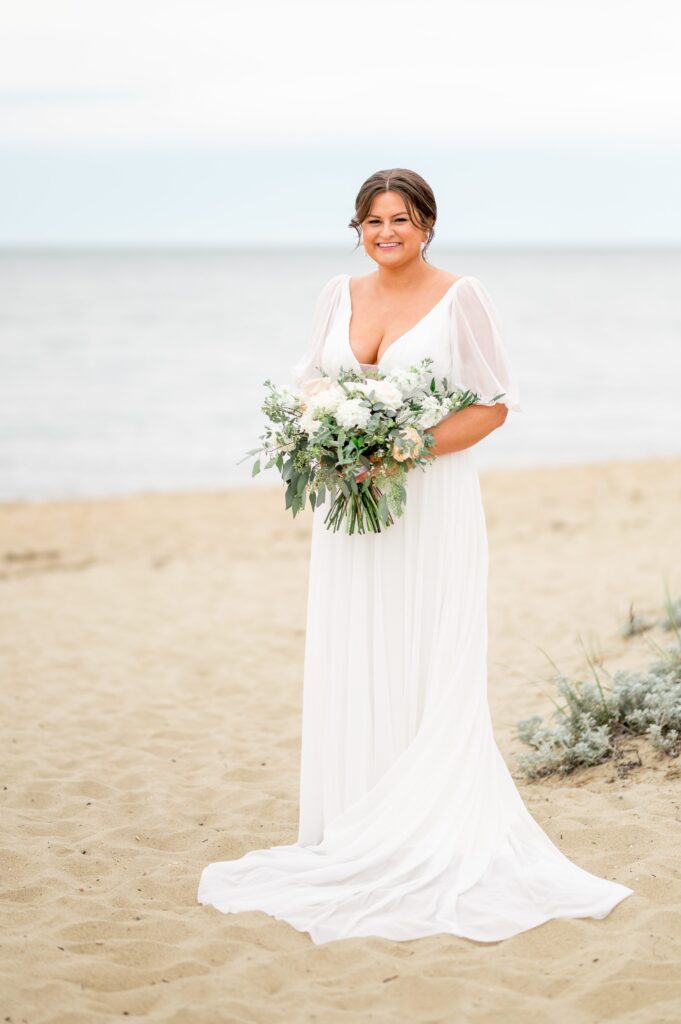 Bridal portraits on the beach with organic and woodsy bridal bouquet 