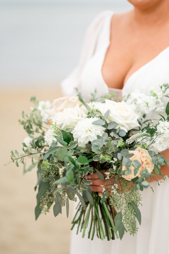 Organic all-white bridal bouquet for Cape Cod backyard wedding