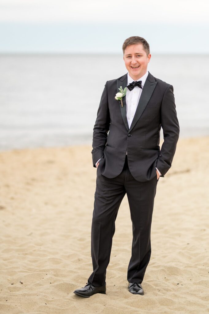 Groom portrait on the beach wearing a tux for MA wedding